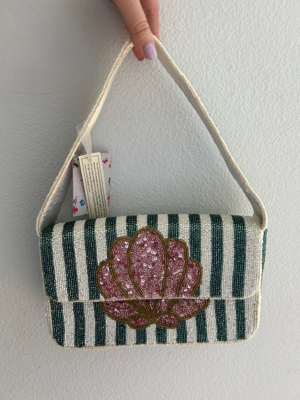Beaded Striped Shoulder Bag with Pink Shell Motif